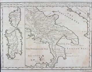 Map of Southern Italy, Corsica, and Sardinia Known in Ancient Times as Great Greece or Magnia Graecia